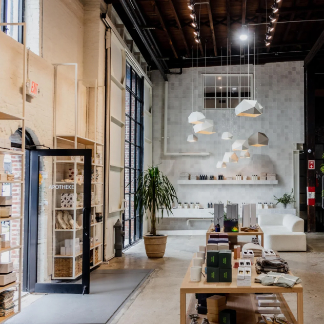 Apotheke's loft-style store interior with geometric pendant lights and product displays.